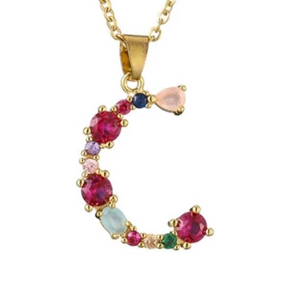 C Initial Pendant Necklace Multi-color Rhinestones Gold Tone Chain - Picture 1 of 15